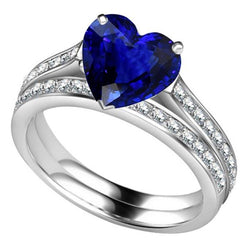 Verlobungsring-Set mit rundem Diamant, blauem Saphir und Band 4 Karat