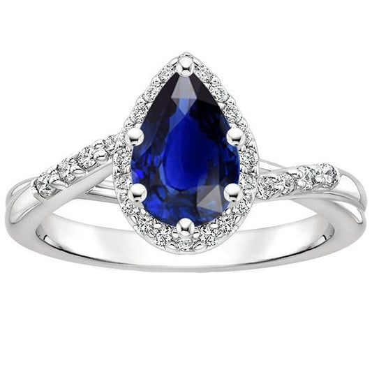 Verlobungsring Twist Style Birne Blauer Saphir & Diamanten 5 Karat