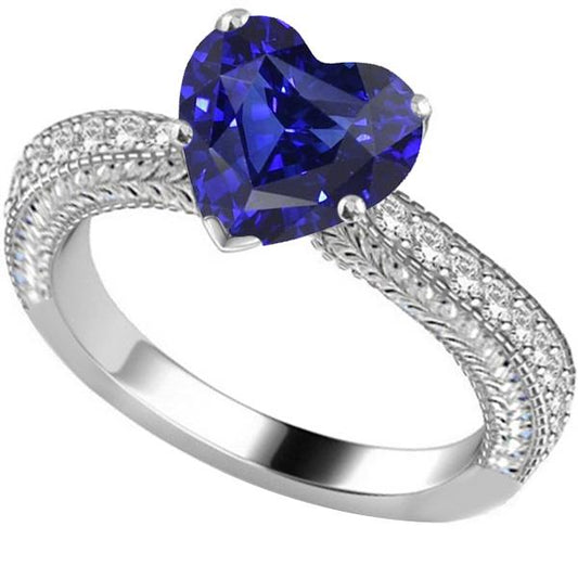 Vintage-Stil Diamantring 4 Karat natürlicher blauer Saphir mit Herzschliff - harrychadent.ch