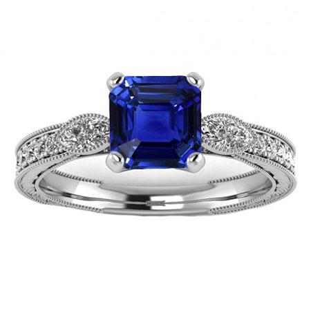 Vintage-Stil Edelsteinring Asscher Blauer Saphir mit Akzenten 3 Karat - harrychadent.ch