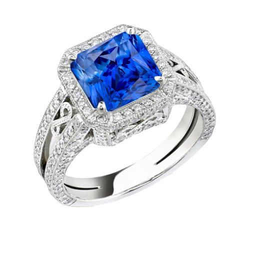 Vintage Stil Halo Saphir Ring Srilanka Milgrain 3 Karat geteilter Schaft - harrychadent.ch