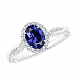 Weißer Diamant Halo Ring Natürlicher blauer Saphir verdrehter Schaft 5 Karat