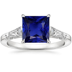 Weißgold 3 Steine Diamant & Prinzessin Blauer Saphir Ring 5,25 Karat