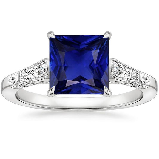 Weißgold 3 Steine Diamant & Prinzessin Blauer Saphir Ring 5,25 Karat - harrychadent.ch