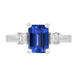 Weißgold 3 Steine Ring Blauer Saphir & Prinzessin Diamanten 2.50 Karat