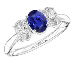 Weißgold Diamant Drei Steine Ring Oval Blauer Saphir 2,50 Karat