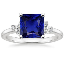 Weißgold Diamant & Edelstein Ring 6 Karat Princess Cut Blauer Saphir