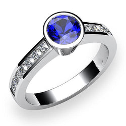 Weißgold Diamantring 2 Karat Runde Lünette Set Blauer Saphir Edelstein