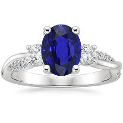 Weißgold Diamantring Oval Blauer Saphir 3 Steine Stil 6,50 Karat
