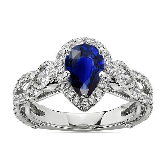 Weißgold Halo Blue Saphir Ring & Diamanten 4 Karat - harrychadent.ch