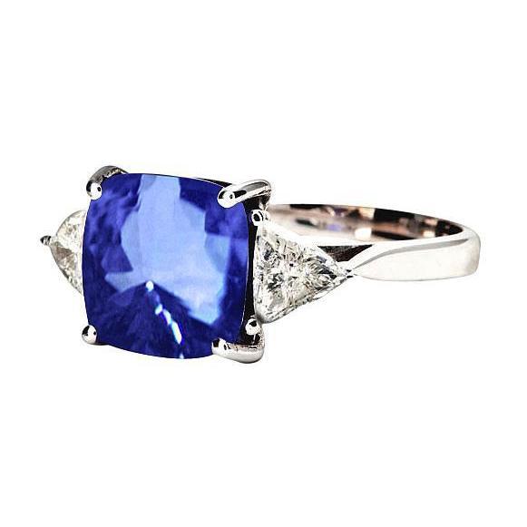 Weißgold Kissen Ceylon Blauer Saphir Diamant 3 Karat 3 Steine Ring - harrychadent.ch