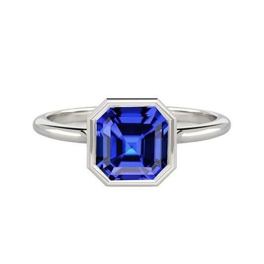 Weißgold Solitärring Asscher Lünette Set Blauer Saphir 2 Karat - harrychadent.ch