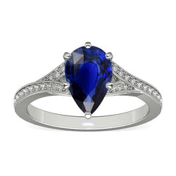 Weißgold srilankischer Saphirring Birne & runde Diamanten 4 Karat