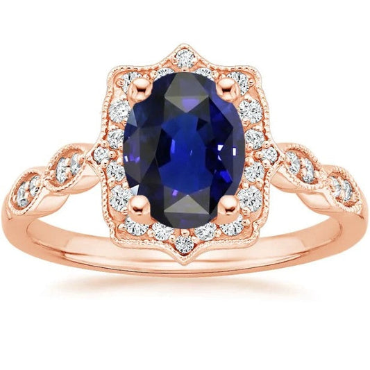 Wie Edwardian Jewelry Ring aus Roségold mit Diamanten und ovalem Ceylon-Saphir