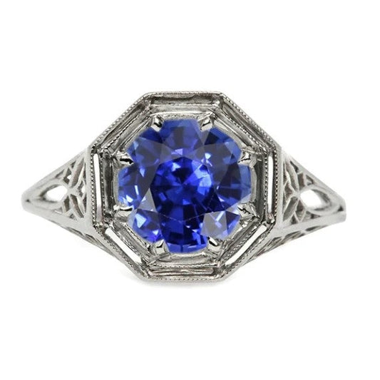 Wie Edwardian Jewelry Solitär-Edelsteinring im Vintage-Stil mit blauem Saphir