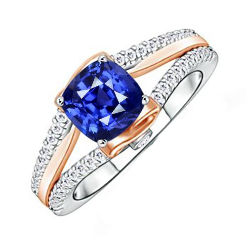Zweifarbiger Diamant-Verlobungsring mit Kissen Blauer Saphir 2.50 Karat - harrychadent.ch