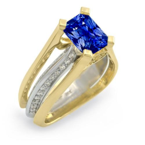 Zweifarbiger Gold-Diamantring Strahlender Ceylon-Saphir 3 Karat geteilter Schaft - harrychadent.ch