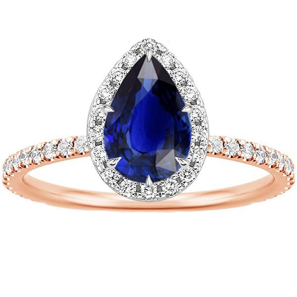 Zweifarbiger Halo-Ring Birnenblauer Saphir & Diamanten 4 Karat Schmuck