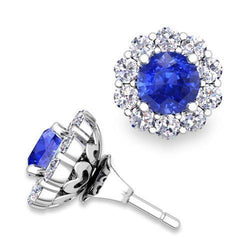 Ceylon Saphir im Rundschliff 4,50 ct mit Diamanten Ohrstecker Halo Weißgold
