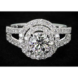 3 Karat Diamant-runder Halo-Ring mit geteiltem Schaft Weißgold 14K