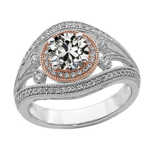 4 Karat zweifarbiger Halo-Ring runder alter Minenschliff-Diamant Milgrain - harrychadent.ch