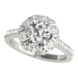 5,25 Karat Halo Runder alter Bergmann Diamantring Blumenstil Weißgold