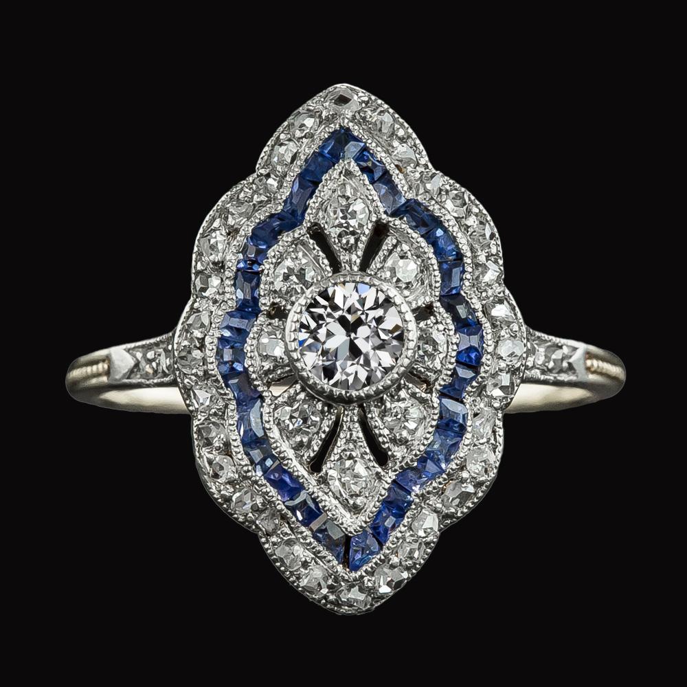 Alter Bergmann Diamantring im Vintage-Stil & trapezförmige Saphire 3,50 Karat - harrychadent.ch