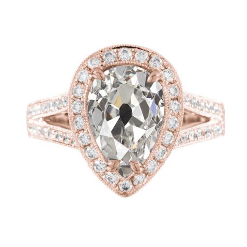 Altschliff Birne Halo Diamant Ring Split Shank 3.50 Karat Roségold - harrychadent.ch