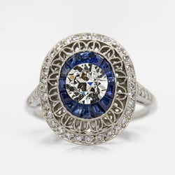 Antiker Halo-Ring Altschliff Diamant & Trapezoid Saphire 4 Karat