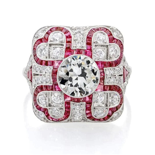 Art-Deco-Schmuck im neuen antiken Stil Halo Altschliff-Diamant-Rubin-Ring