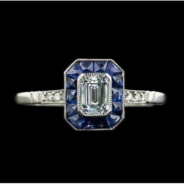 Art-Deco-Schmuck New Halo Ring Smaragd-Diamant & Trapez-Saphire
