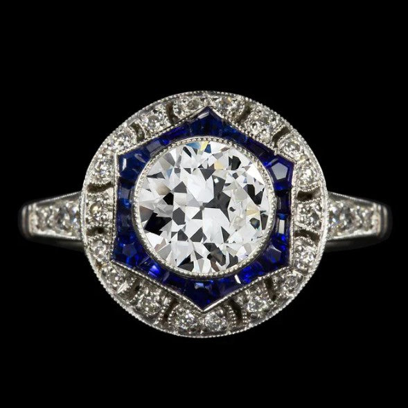 Art-Deco-Schmuck New Double Halo Ring Old Cut Diamond & Ceylon Saphire