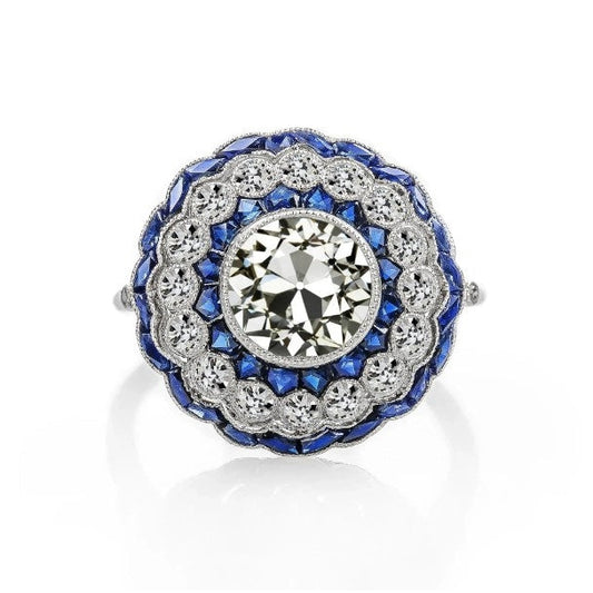 Art-Deco-Schmuck New Gold Halo Ring Altschliff Diamant & blauer Saphir