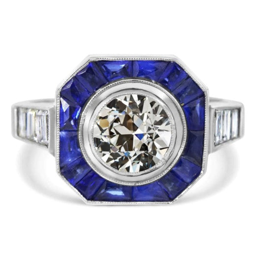 Art-Deco-Schmuck New Halo Altschliff & Smaragd-Diamant-Saphir-Ring