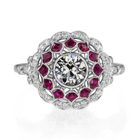 Art-Deco-Schmuck New Halo Ring Old Cut Diamond Special Cut Ruby Flower Style