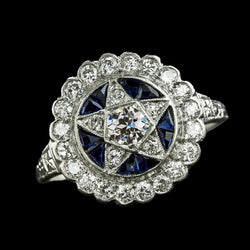 Blauer Saphir Old Cut Runder Diamantring Flower Star Style 3 Karat