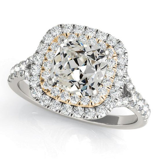 Damen Doppel Halo Ring Kissen Altschliff Diamant 8 Karat Zweifarbig - harrychadent.ch