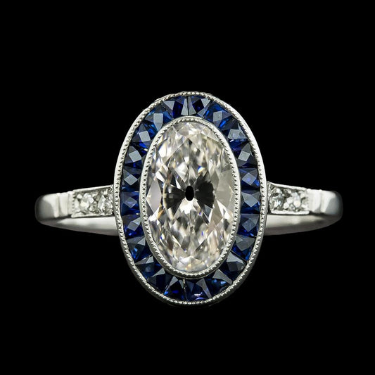 Damen Halo Ring Oval alter Bergmann Diamant & Blaue Saphire 6.75 Karat - harrychadent.ch
