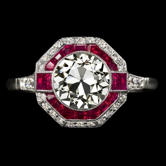 Doppel-Halo-Altschliff-Diamant-Ring Prinzessin & Trapez-Rubine 5 Karat - harrychadent.ch