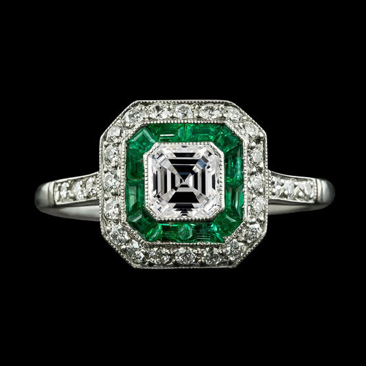 Doppel Halo Ring Asscher Diamant & Trapez Grüner Smaragd 4 Karat - harrychadent.ch