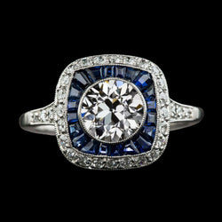 Doppelter Halo Altschliff Diamant & Trapezoid Saphir Ring 4,50 Karat
