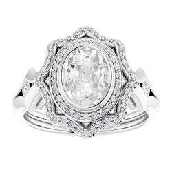 Doppelter Halo-Ring Ovaler Altschliff-Diamant-Stern-Stil-Lünettensatz 7,50 Karat