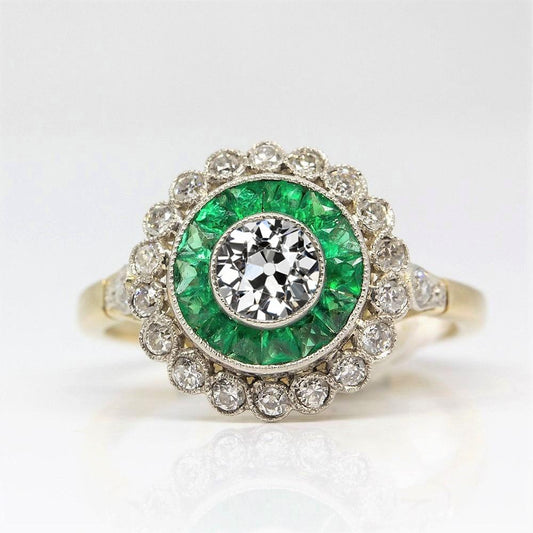 Doppelter Halo Runder Altschliff Diamantring Grüne Saphire 4 Karat - harrychadent.ch