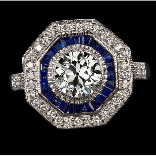 Double Halo Art-Deco-Schmuck New Blue Sapphire Ring Altschliff-Diamant