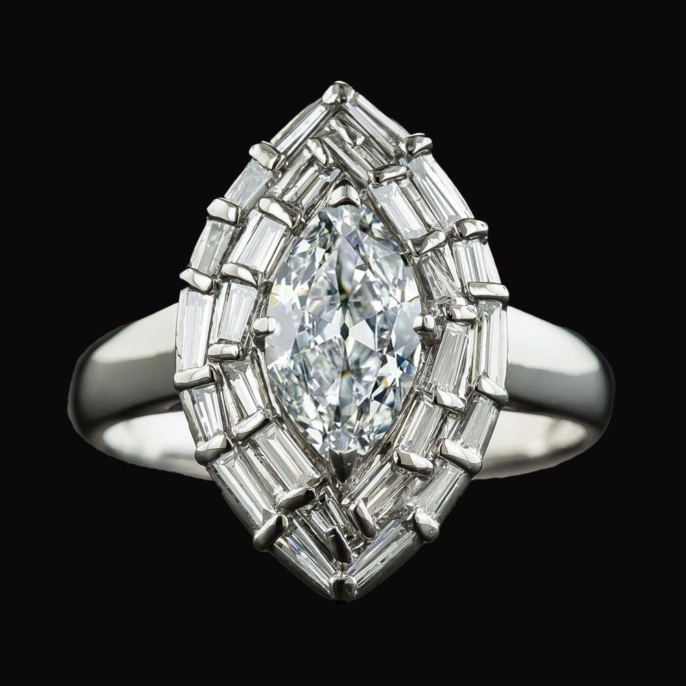 Double Halo Ring Baguette & Marquise alter Bergmann Diamant 5,50 Karat - harrychadent.ch