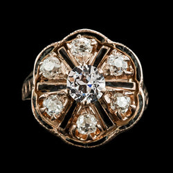 Gold Old Mine Cut Diamant Black Onyx Ring Flower Style 4,50 Karat