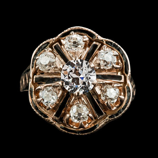 Gold Old Mine Cut Diamant Black Onyx Ring Flower Style 4,50 Karat - harrychadent.ch