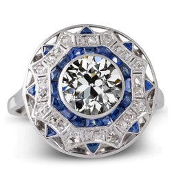 Goldener Halo-Ring Blauer Saphir & Altschliff-Diamant Star Style 5,50 Karat