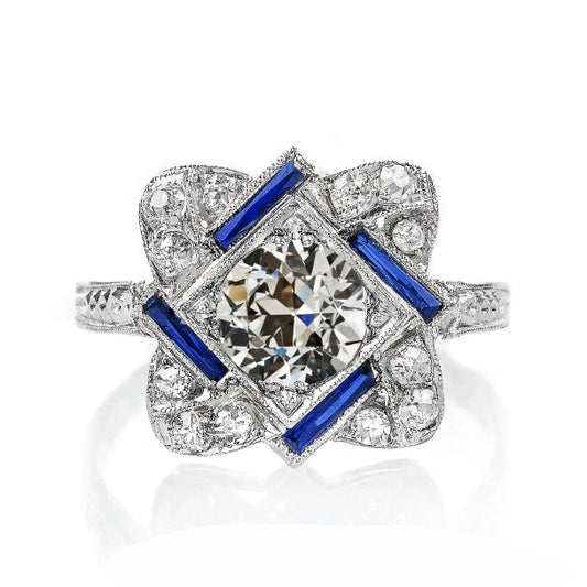 Halo Art Deco Schmuck Neuer Saphirring Alter Bergmann-Diamant-Goldschmuck