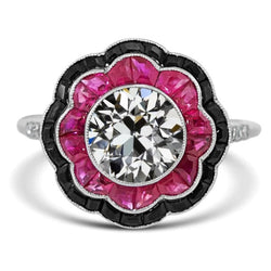Halo Art Deco Schmuck New Old Cut Ring Black Onyx & Pink Sapphire Flower Style